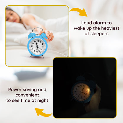 ABOUT SPACE Twin Bell Alarm Clock Non-Ticking with Night Light- Blue (Battery not Included)