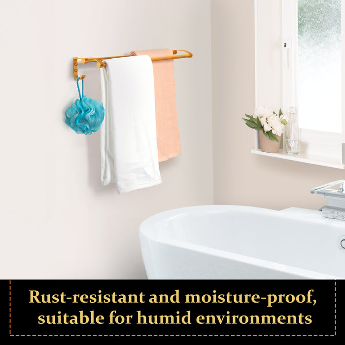 ABOUT SPACE Towel Rack - Aluminum Sturdy Dual Pole Bathroom Hanger with 2 Side Hooks for Clothes & Rust-Resistant & Moisture-Proof Wall Mount Towel Hanger for Bedroom, Upto 5 kg (Golden - 60 cm L)