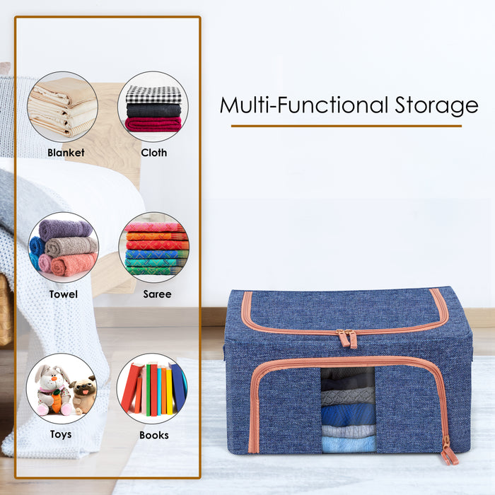 ABOUT SPACE Storage Bag - Linen Underbed Clothes Packing Zipper Bags with Handle - Wardrobe Almirah Organizer with Transparent Wide Window for Toys, Blankets, L 40 x B 30 x H 20 cm (Up to 24 L - Navy)