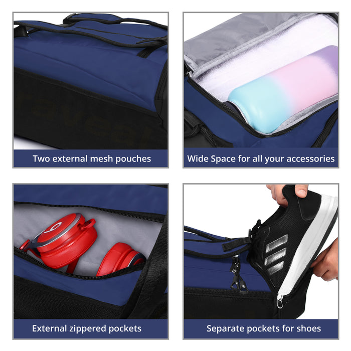 ABOUT SPACE Gym Bag - 3 in 1 Duffel Bag for Men, Women Luggage Bag, Multiple Compartment Lightweight Travel Bag with Shoe Compartment, Mesh Pocket & Dry Wet Separation (Blue - L 24 x B 18 x H 50 cm)