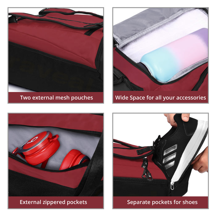 ABOUT SPACE Gym Bag - 3 in 1 Duffel Bag for Men, Women Luggage Bag, Multiple Compartment Lightweight Travel Bag with Shoe Compartment, Mesh Pocket & Dry Wet Separation (Red - L 24 x B 18 x H 50 cm)