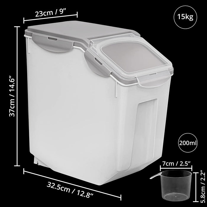 ABOUT SPACE 15-Kg Rice Dispenser (2 Pack) - Airtight Rice Storage Container with Measuring Cup - Rice Barrel Dispenser - Moisture Proof Kitchen Organiser for Cereals, Grains, Pulses & Pet Food - Grey