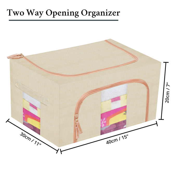 ABOUT SPACE Storage Bag - Linen Underbed Clothes Packing Zipper Bags with Handle - Wardrobe Almirah Organizer with Transparent Wide Window for Toys, Blankets, L 40 x B 30 x H 20 cm (Up to 24 L - Biege)