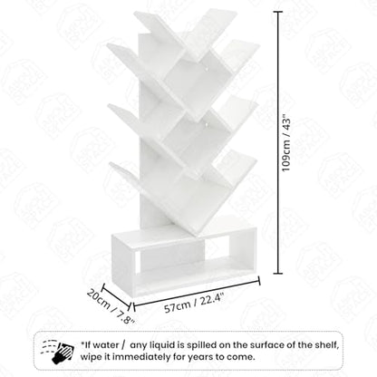 ABOUT SPACE Book Shelf for Home - 11 Tier Tree Shaped Book Rack for Study Room DIY Wooden Book Stand with Bottom Storage Space for Office, Livingroom, Bedroom (White - L 57 x B 20 x H 109 cm)