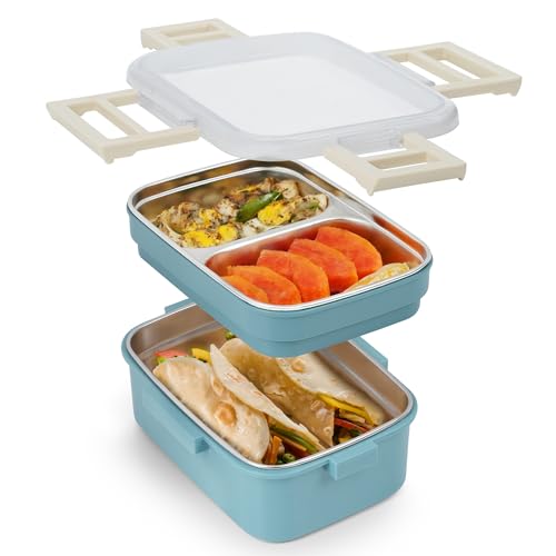 ABOUT SPACE Lunch Box - 2 Tier Compartment 1200ml Insulated Tiffin Box with Silicon Gaskets Lid, No Leak-Proof (Blue L 17x B 11.5 x H 9.5 cm)