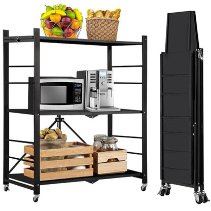 ABOUT SPACE Foldable Kitchen Storage Rack - 3 Tier (Black - L 75 x B 36 x H 85 cm)