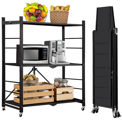 ABOUT SPACE Foldable Kitchen Storage Rack - 3 Tier (Black - L 75 x B 36 x H 85 cm)