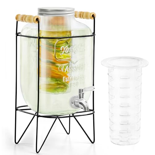 ABOUT SPACE 4 Litre Glass Water Dispenser with Tap, Infuser & Stand - Air Tight Lid Detox Water Jar - Mason Jar - Counter Tabletop Juice, Infused Water Beer Dispenser for Home Restaurant Party