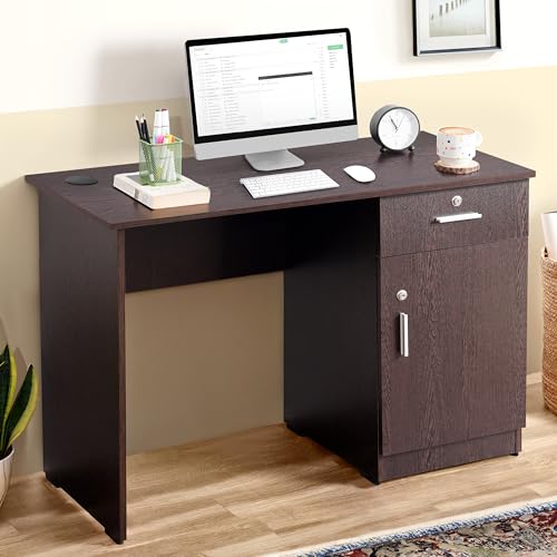 ABOUT SPACE Study Table with Lockable Drawer, Cabinet & Wire Holes (Flower Wenge-L105 x B45 x H75cm)