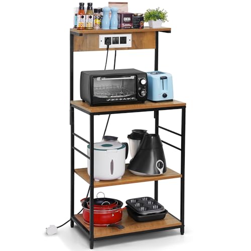 B0CDWMW1R4 ABOUT SPACE 4 Tier Kitchen Rack with Plug Point (4.3 Ft) - Engineered Wood Floor Standing Storage Shelf with Sturdy Metal Frame for Living Room, Multipurpose Bakers Rack L 2 x B 1.3 Ft - Wood Colour