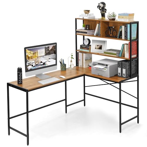 ABOUT SPACE 3 Tier Computer Table with Unique L-shaped Modern Desktop [Wood Color - L 113.5 / 151.7 x B 45 x H 157 cm]