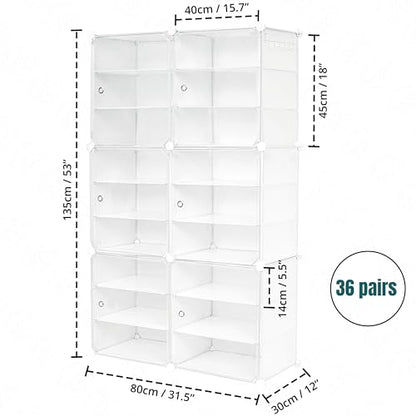 ABOUT SPACE Shoe Rack Organizer - 18 Layer Shoe Stand with Hanger & Door - DIY 36 Pair Portable, Expandable 2 Way (Vert/Horiz) Assembly 6 Cube Shoe Stand (White)