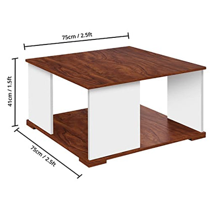 ABOUT SPACE Coffee Table - Portable Wooden Centre Table with Storage & Open Rack - (White & Oak Red - L 75 x B 75 x H 41 cm)