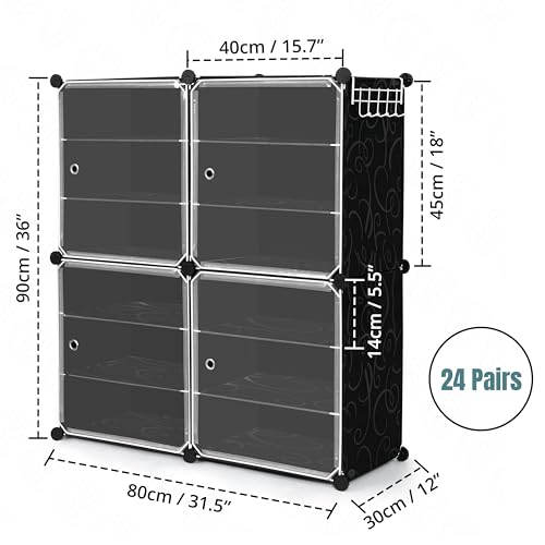 ABOUT SPACE Shoe Rack Organizer - 12 Layer Shoe Stand With Hanger & Door For Home - DIY 24 Pair Portable, Expandable 4 Cube Shoe Stand For Boots, Heels, Slipper Stand For Women, Men, Outdoor (Black)