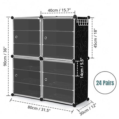 ABOUT SPACE Shoe Rack Organizer - 12 Layer Shoe Stand With Hanger & Door For Home - DIY 24 Pair Portable, Expandable 4 Cube Shoe Stand For Boots, Heels, Slipper Stand For Women, Men, Outdoor (Black)