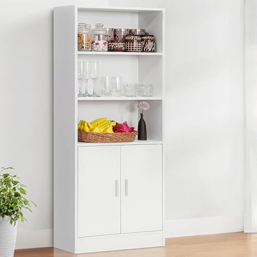 ABOUT SPACE 5 ft Kitchen Cabinet - 5 Tier Wooden Storage Cabinet with 3 Open Shelves & 2 Magnetic Door (White - L 57 x B 25 x H 158 cm)