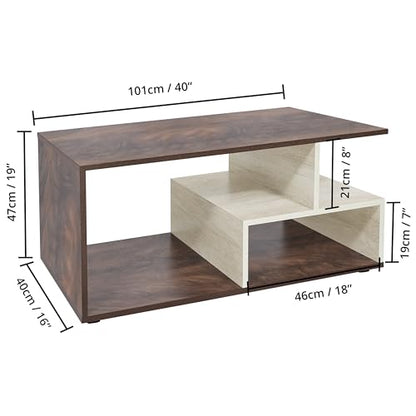 ABOUT SPACE Coffee Table - Portable Wooden Centre Table with Storage & Open Rack (Beige & Walnut - L 101 x B 40 x H 47 cm)