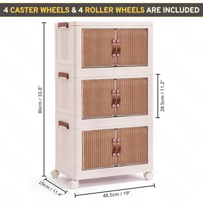 ABOUT SPACE Plastic Cupboard for Storage - 3 Tier DIY Foldable Cupboard with Door, Caster & Roller Wheels (L 48.5 x B 29 x H 86cm)