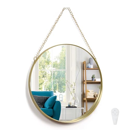 ABOUT SPACE 12 Inch Wall Hanging Mirror with Chain-Circle Mirror with Metal Frame (Golden - W 30 x H 45 cm)