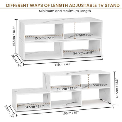 ABOUT SPACE TV Unit for Living Room - Engineered Wood DIY TV Stand Entertainment Unit, Expandable TV Table, 4 Open Display Shelves (L115-170 x B30xH 46.5cm - White Marble)