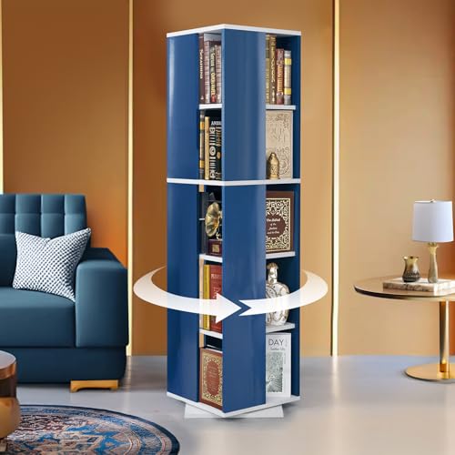 ABOUT SPACE Rotating Book Shelf for Home Library - 5 Tier 360° Book Rack | Semi UV Gloss Laminate DIY Engineered Wood Book Stand with Partition & Bottom Turnplate (Blue & White L 38 x B 38 x H 149 cm)