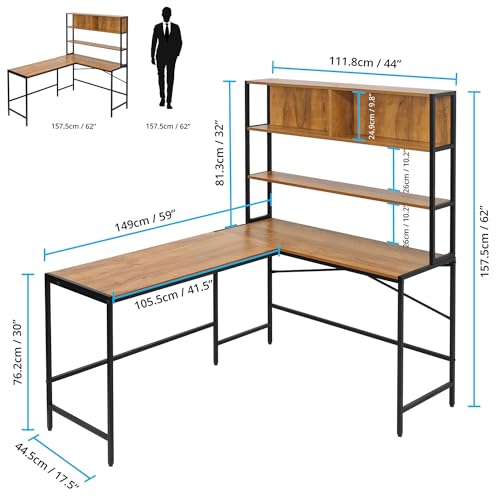 ABOUT SPACE 3 Tier Computer Table with Unique L-shaped Modern Desktop [Wood Color - L 113.5 / 151.7 x B 45 x H 157 cm]