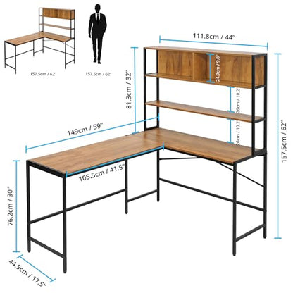 ABOUT SPACE 3 Tier Computer Table with Unique L-shaped Modern Desktop [Wood Color - L 113.5 / 151.7 x B 45 x H 157 cm]