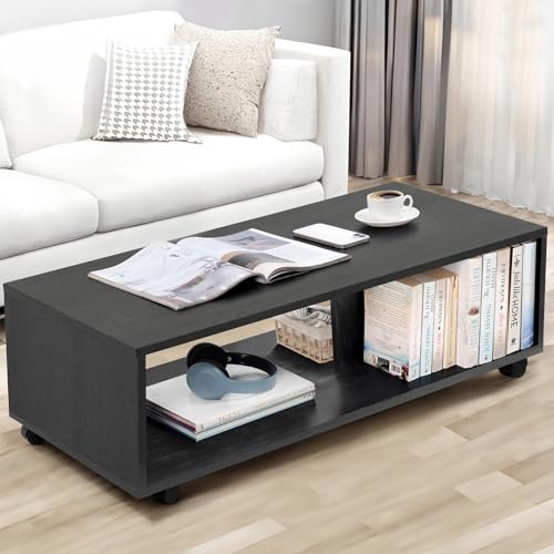 B0DFYYSJGG ABOUT SPACE Coffee Table - Center Table for Living Room with Wheels, Engineered Wood Tea Table Rectangle Teapoy Table with Storage for Hall Lounge Office - Black Mahogany (L 80.5 x B 40.5 x H 41.5 cm)