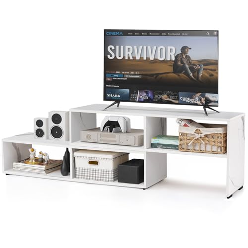 ABOUT SPACE TV Unit for Living Room - Engineered Wood DIY TV Stand Entertainment Unit, Expandable TV Table, 4 Open Display Shelves (L115-170 x B30xH 46.5cm - White Marble)