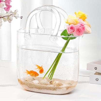 B0DM8DHBSH ABOUT SPACE Flower Vase - Handbag Shape Glass Vase with Handle Unique Bubble Scattered Aesthetic Design Centrepiece for Flowers & Fish Purse Shape Table Decor for Home, Office, Cafe L20x B10x H26.5cm