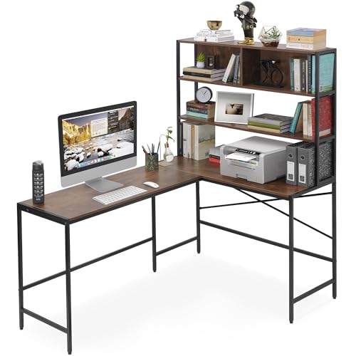 ABOUT SPACE 3 Tier L-shaped Unique Computer Table with Desktop [Brown - L 113.5 / 151.7 x B 45 x H 157 cm]