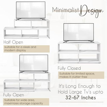 ABOUT SPACE TV Unit for Living Room - Engineered Wood DIY TV Stand Entertainment Unit, Expandable TV Table, 4 Open Display Shelves (L115-170 x B30xH 46.5cm - White Marble)