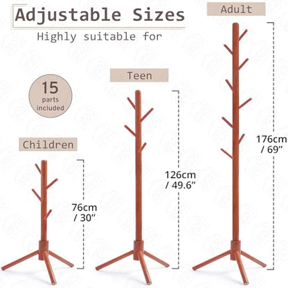ABOUT SPACE Coat Hanger Stand for Home - Detachable Coat Rack with 8 Hooks for Umbrella, Handbags, Dress Hanger Stand for Adults Teen Children for Bedroom Living Room Entryway (Brown H 76 cm - 176 cm)