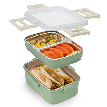 ABOUT SPACE Lunch Box - 2 Tier Compartment 1200ml Insulated Tiffin Box with Silicon Gaskets Lid, No Leak-Proof (Green L 17 x B 11.5 x H 9.5 cm)
