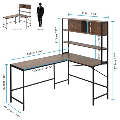 ABOUT SPACE 3 Tier L-shaped Unique Computer Table with Desktop [Brown - L 113.5 / 151.7 x B 45 x H 157 cm]