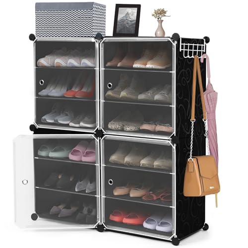 ABOUT SPACE Shoe Rack Organizer - 12 Layer Shoe Stand With Hanger & Door For Home - DIY 24 Pair Portable, Expandable 4 Cube Shoe Stand For Boots, Heels, Slipper Stand For Women, Men, Outdoor (Black)