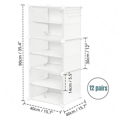ABOUT SPACE Shoe Rack Organizer - 6 Layer Shoe Stand With Hanger & Door - DIY 12 Pair Portable, Expandable 3 Cube Shoe Stand (White)