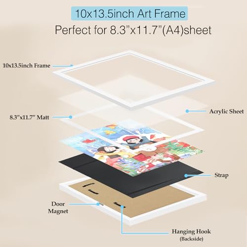 ABOUT SPACE Kids Artwork Picture Frame-Front Opening Gallery Style Horizontal Vertical A4 Photo Frame with Shatter Resistant Glass for Wall with Storage & Wall Hook - Holds 110 Pcs (White-10" x 13.5")