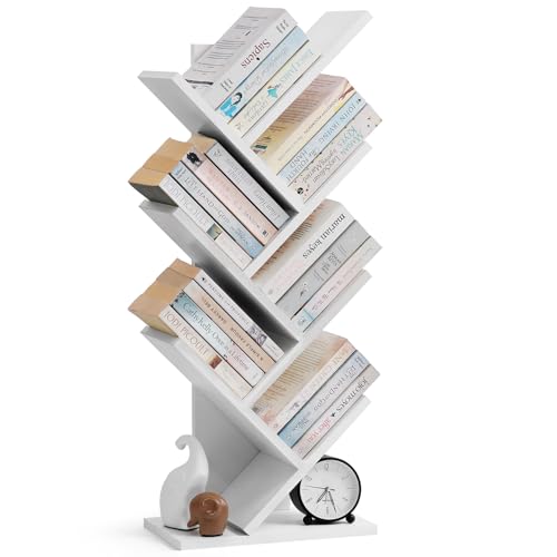 B0DFCWD4T4 ABOUT SPACE Book Shelf for Home - 7 Tier Tree Shaped Book Rack for Study Room DIY Wooden Book Stand with Bottom Storage Space for Office, Livingroom, Bedroom (White - L 34 x B 17 x H 87.5 cm)