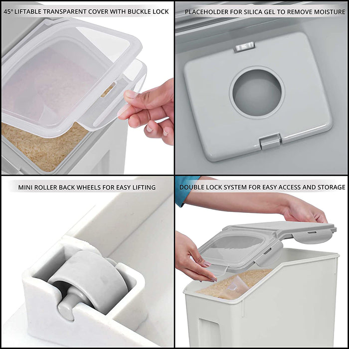 ABOUT SPACE 15-Kg Rice Dispenser (2 Pack) - Airtight Rice Storage Container with Measuring Cup - Rice Barrel Dispenser - Moisture Proof Kitchen Organiser for Cereals, Grains, Pulses & Pet Food - Grey