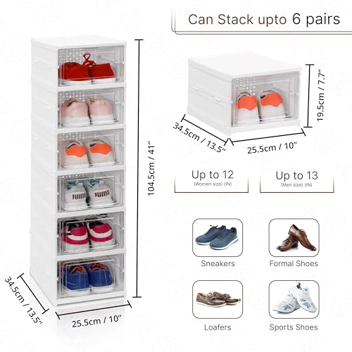 ABOUT SPACE Sneaker Box- 6 Tier Shoe Rack | Collapsible Shoe Organiser With Door-Foldable Sneaker Crates Footwear Organiser For Men, Women, Heels, Boots, Loafers, Sneakers, Slippers (White) - Plastic