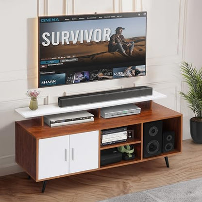ABOUT SPACE TV Unit for Living Room - Engineered Wood DIY TV Stand with Cable Hole Cabinet with Door, Adjustable Shelf, Open Display Shelves (Oak Red &White-L140 x B40 x H64 cm)