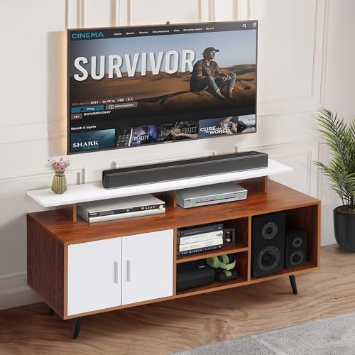 ABOUT SPACE TV Unit for Living Room - Engineered Wood DIY TV Stand with Cable Hole Cabinet with Door, Adjustable Shelf, Open Display Shelves (Oak Red &White-L140 x B40 x H64 cm)
