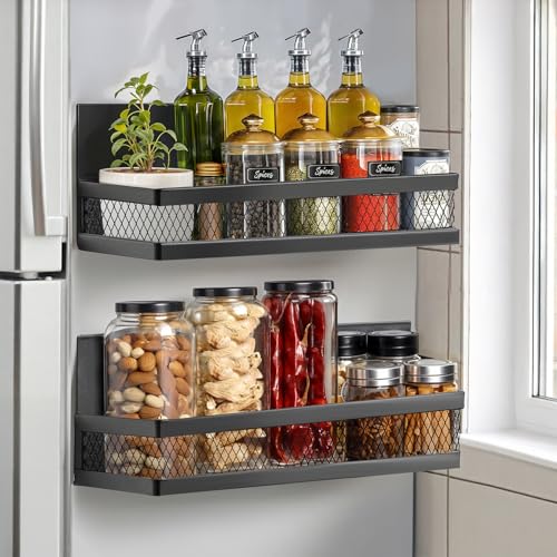 ABOUT SPACE  2 Pcs Magnetic Shelf for Fridge - Kitchen Organizer Rack - Floating Shelves for  Washing Machine, Microwave Oven, Fridge Side Rack Powder Coated Metal Rack for Storage - Medium & Large