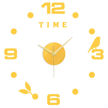 ABOUT SPACE Wall Clock - DIY Wall Sticker Clock Self Adhesive, Non-Ticking, Frameless, Acrylic Analog Watch Adjustable Size for Living Room, Bedroom, Office (Gold - Numbers, Birds, Dots)