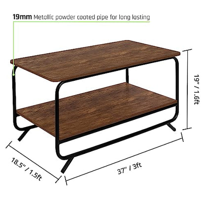ABOUT SPACE Coffee Table - 2 Tier Space Saving Living Room Furniture with Metal Frame & Adjustable Bushes (Brown - L92.5 x B47 x H48 cm)