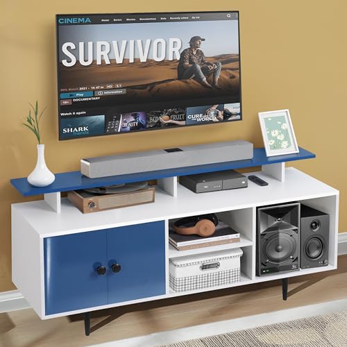 ABOUT SPACE TV Unit - Semi UV Gloss Laminate DIY TV Stand Table with Cable Hole, Cabinet with Door, Adjustable Shelf for WiFi Router Stand -Engineered Wood (Blue & White- L 140 x B 40 x H 64 cm)