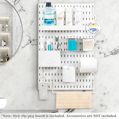 ABOUT SPACE Peg Board - 4 Pcs Pegboard Wall Organizer (L 28 x H 28 cm) with 16 Accessories & Self-Adhesive Stickers For Home Office, Bathroom, Kitchen, Living Room White Pegboard Wall Hanging