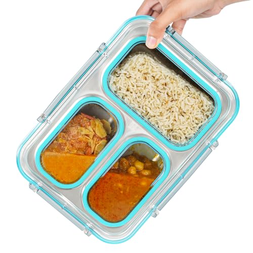 ABOUT SPACE Lunch Box - 3 Compartment 1200 ml Insulated Tiffin Box with Silicon Gaskets Lid, Leak-Proof (Blue - L 27.5 x B 20 x H 5 cm)