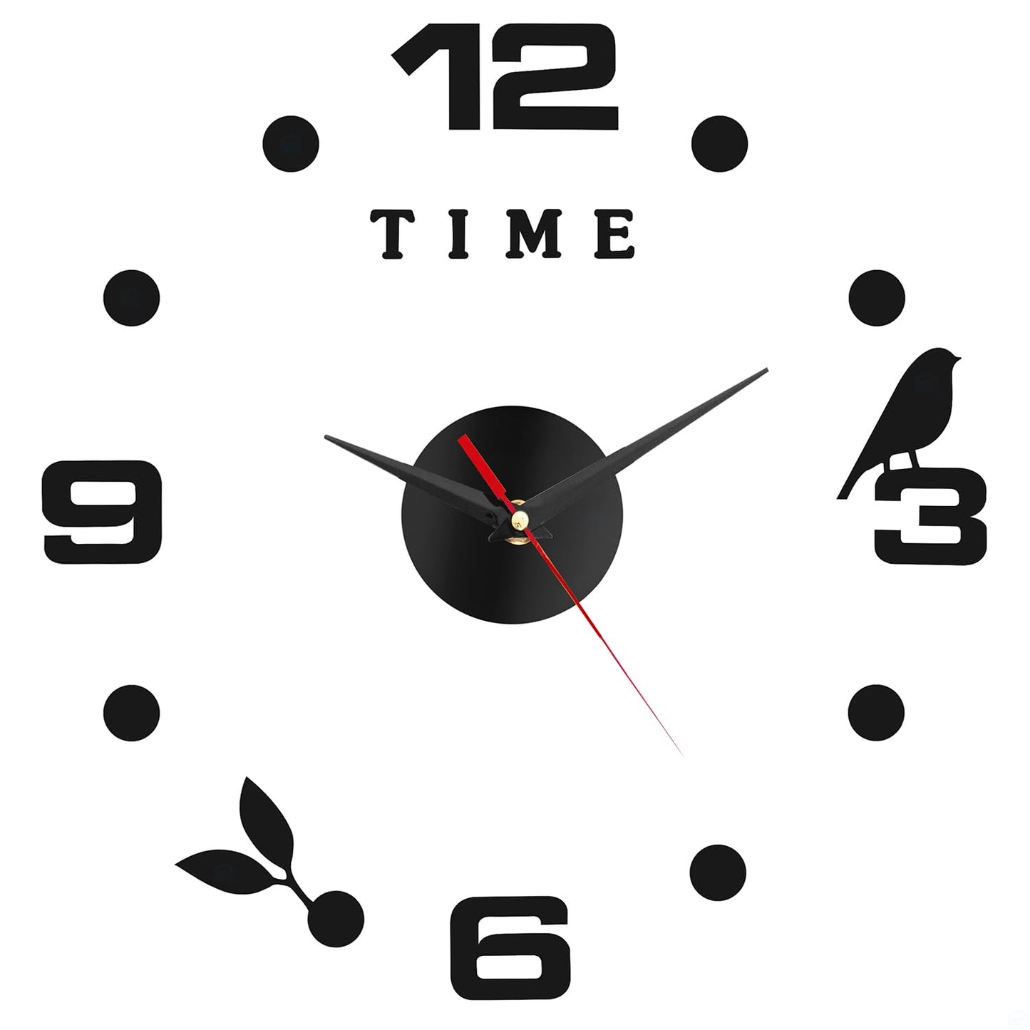 ABOUT SPACE Wall Clock - DIY Wall Sticker Clock Self Adhesive, Non-Ticking, Frameless, Acrylic Analog Watch Adjustable Size for Living Room, Bedroom, Office (Black - Numbers, Birds, Dots)